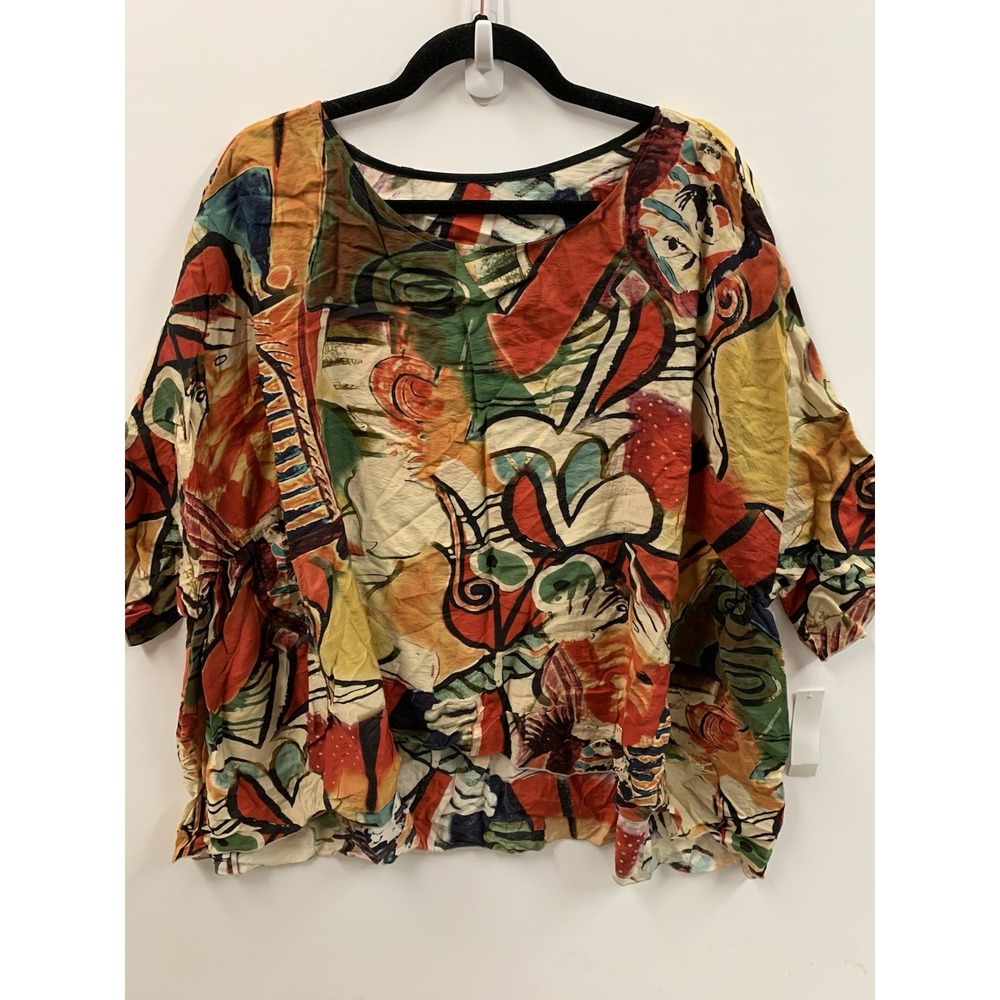 3 Potato Blouse Large/XL Colorful Abstract Art Oversized Lagenlook Viscose Top